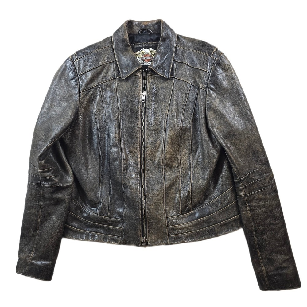 Harley Davidson‎ Leather Jacket Womens Large Distressed Brown Embroidered Biker